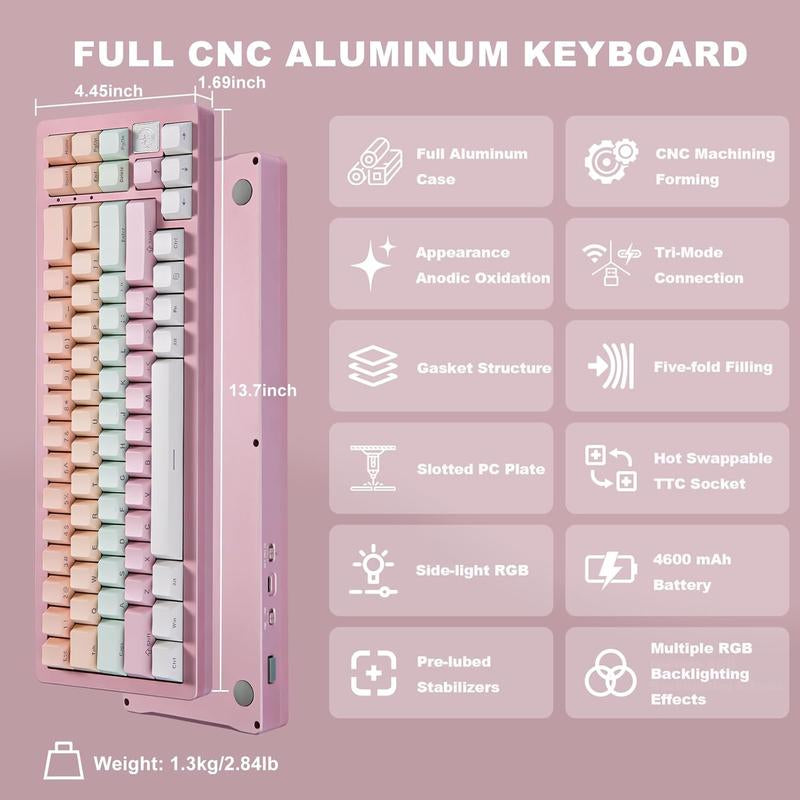 YUNZII AL71 75% Mechanical Keyboard,Full Aluminum Cnc,Hot Swappable Gasket,2.4Ghz Wireless BT5.0/USB-C Wired,Nkro Programmable RGB Backlight Creamy Typing for Win/Mac(Pink, Crystal White Switch)