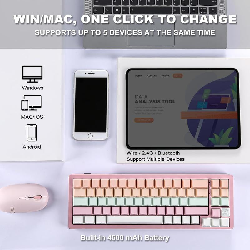 YUNZII AL71 75% Mechanical Keyboard,Full Aluminum Cnc,Hot Swappable Gasket,2.4Ghz Wireless BT5.0/USB-C Wired,Nkro Programmable RGB Backlight Creamy Typing for Win/Mac(Pink, Crystal White Switch)
