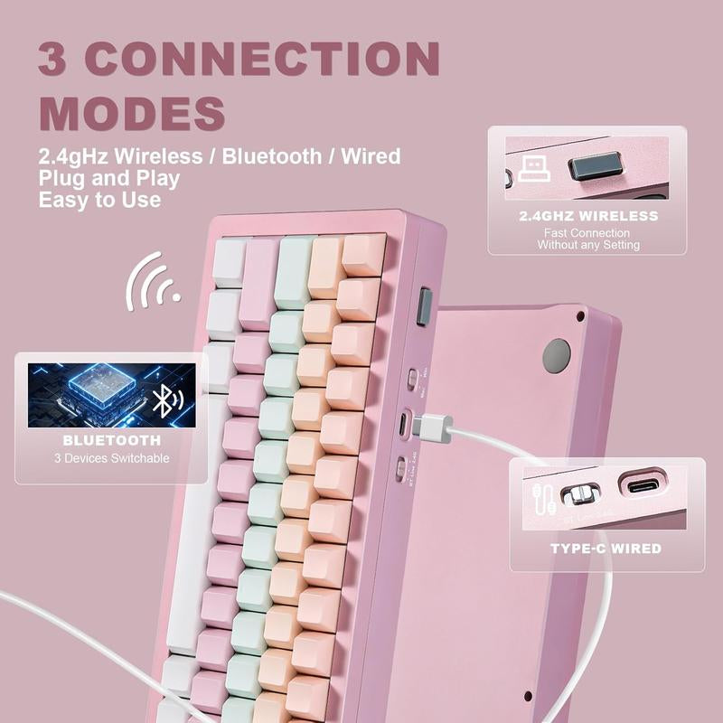 YUNZII AL71 75% Mechanical Keyboard,Full Aluminum Cnc,Hot Swappable Gasket,2.4Ghz Wireless BT5.0/USB-C Wired,Nkro Programmable RGB Backlight Creamy Typing for Win/Mac(Pink, Crystal White Switch)