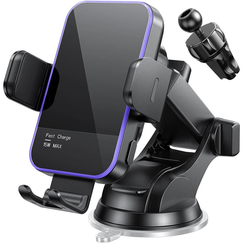 Wireless Car Charger,[7 Colored RGB Backlit]Mosurr 15W Auto Clamping Phone Holders for Your Car Fit for Iphone 16 15 14 13 12 Mini Pro Max 11 XR XS, Samsung Galaxy S24 Ultra S23 S22 S21+ Note 20, Etc