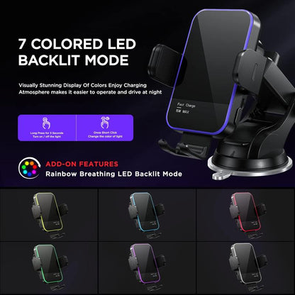 Wireless Car Charger,[7 Colored RGB Backlit]Mosurr 15W Auto Clamping Phone Holders for Your Car Fit for Iphone 16 15 14 13 12 Mini Pro Max 11 XR XS, Samsung Galaxy S24 Ultra S23 S22 S21+ Note 20, Etc