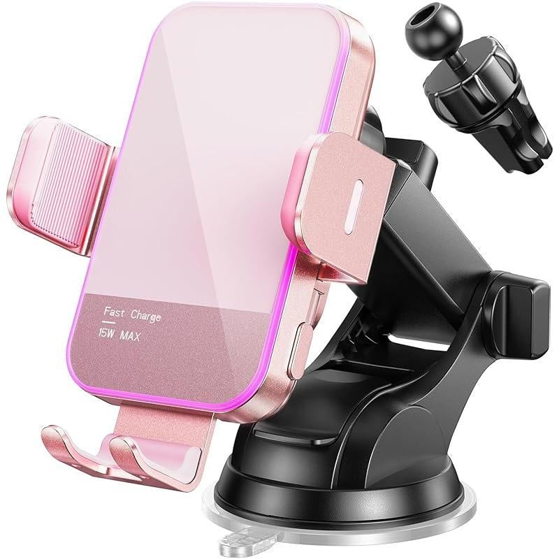Wireless Car Charger,[7 Colored RGB Backlit]Mosurr 15W Auto Clamping Phone Holders for Your Car Fit for Iphone 16 15 14 13 12 Mini Pro Max 11 XR XS, Samsung Galaxy S24 Ultra S23 S22 S21+ Note 20, Etc