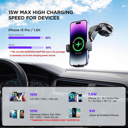 Wireless Car Charger,[7 Colored RGB Backlit]Mosurr 15W Auto Clamping Phone Holders for Your Car Fit for Iphone 16 15 14 13 12 Mini Pro Max 11 XR XS, Samsung Galaxy S24 Ultra S23 S22 S21+ Note 20, Etc